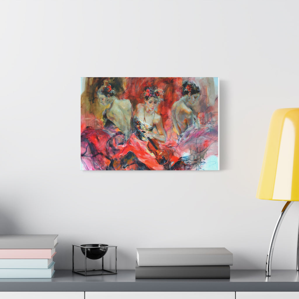 Flamenco Dancers Matte Canvas Wall Art — Vibrant Red Ballet Trio Painting