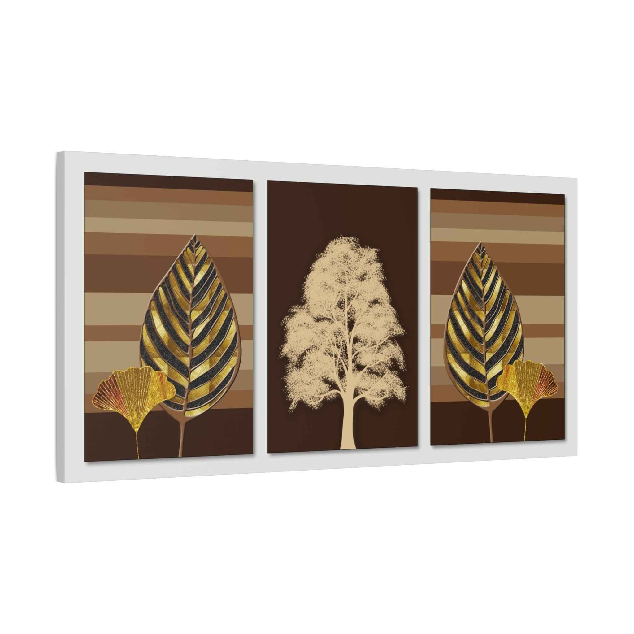 Golden Botanical Leaf Triptych Canvas Wall Art – Luxury Nature Decor