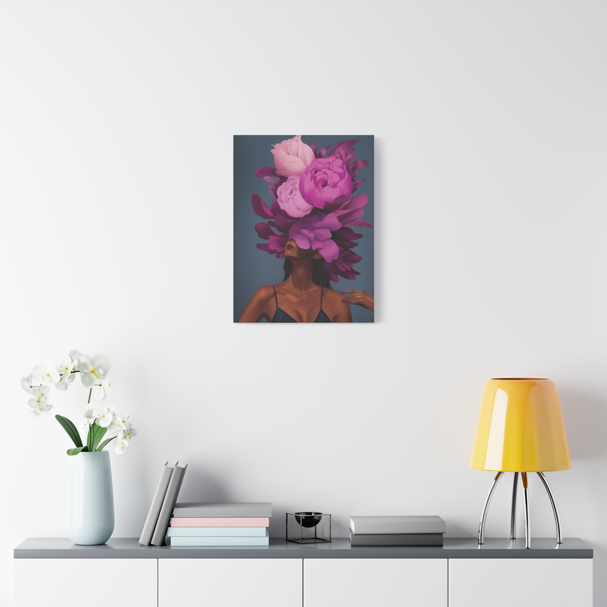 Floral Portrait Canvas Print — Woman with Oversized Pink Peony Hat (Matte Stretched) 