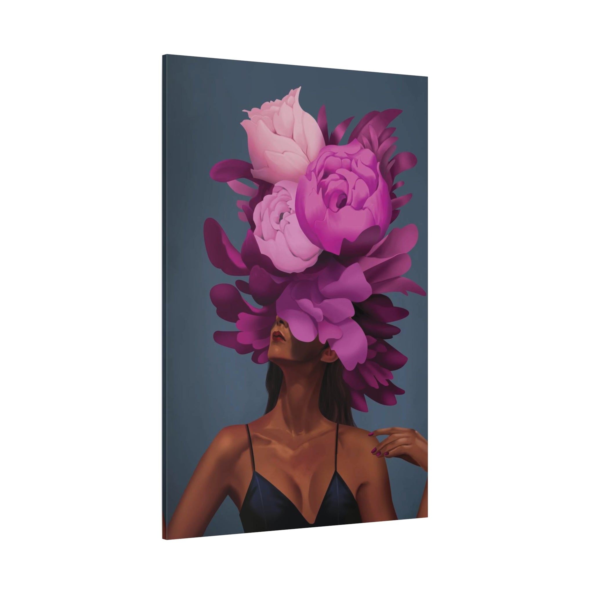 Floral Portrait Canvas Print — Woman with Oversized Pink Peony Hat (Matte Stretched) 