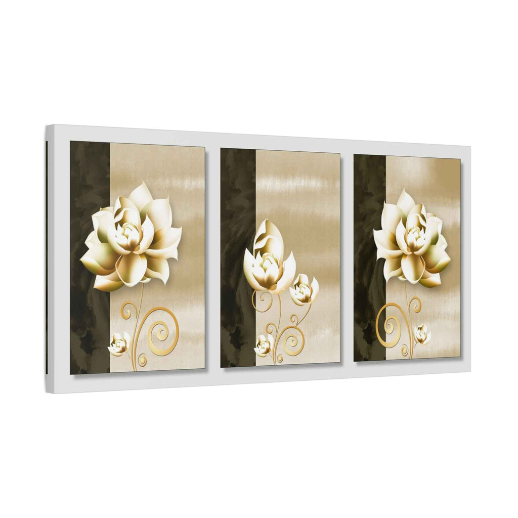 Gold Floral Triptych Canvas Wall Art – Luxury Flower Wall Decor
