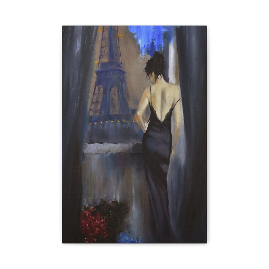 Paris Evening Canvas Wall Art — Woman in Black Dress, Eiffel Tower Stretched Print 