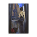 Paris Evening Canvas Wall Art — Woman in Black Dress, Eiffel Tower Stretched Print 