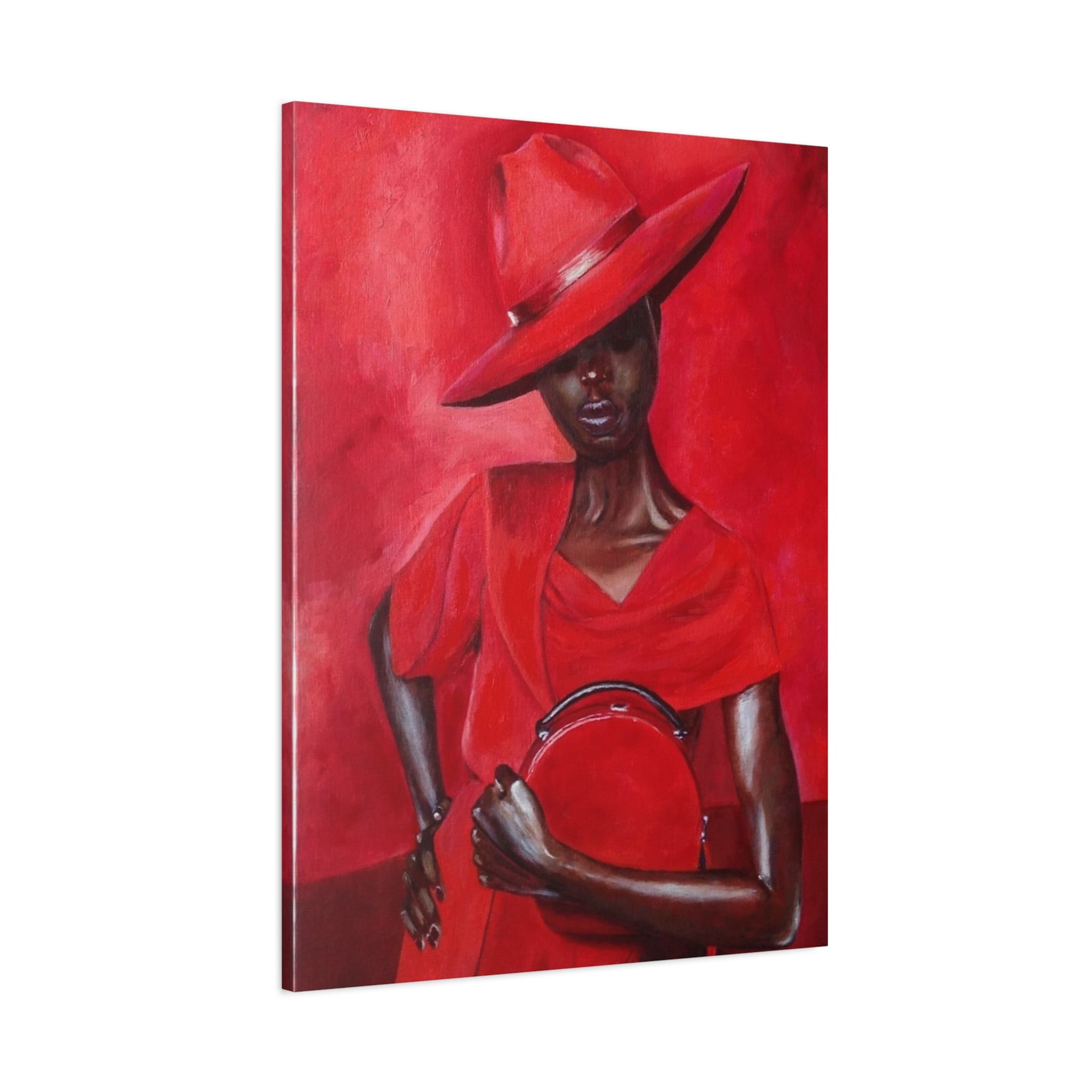 Elegant Red Hat Lady Canvas Print — Fashion Portrait Matte Stretched Wall Art 
