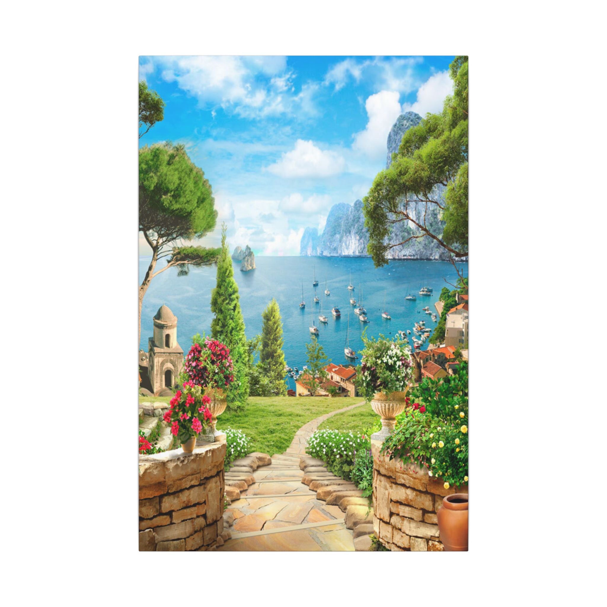 Canvas Wall Art - Mediterranean Seaside Pathway Painting (Matte Stretched Canvas) 