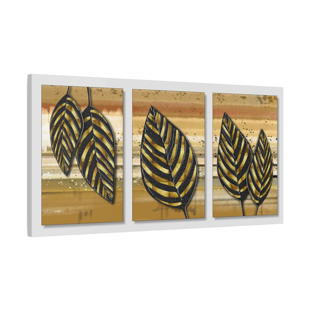 Golden Black Botanical Leaf Triptych Canvas Wall Art – Luxury Wall Decor