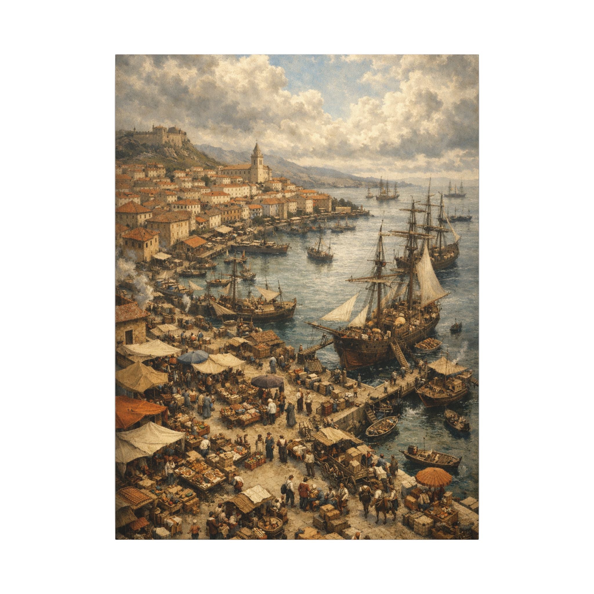 Seaside Harbor Market Matte Canvas Print — Vintage Coastal Wall Art 
