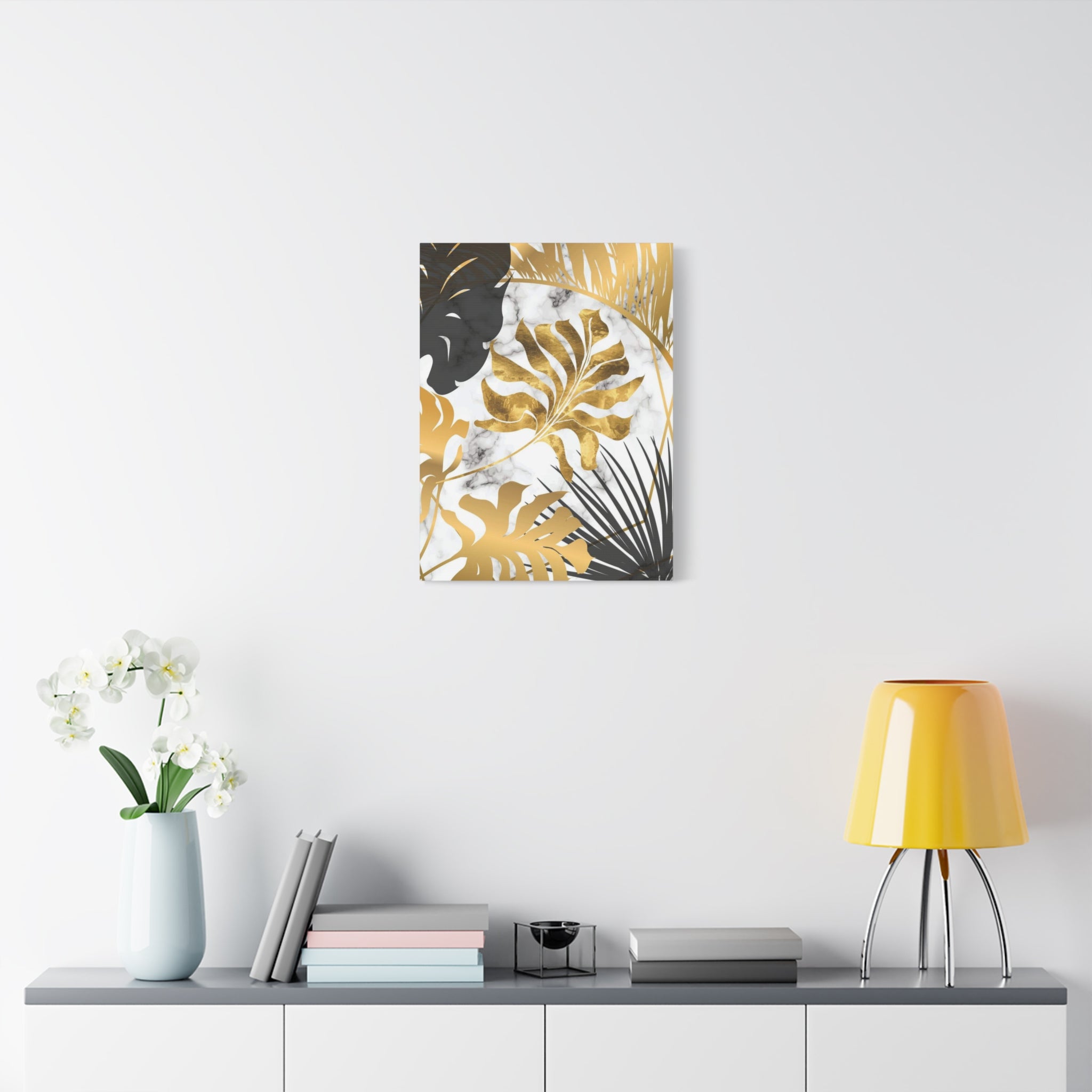 Gold & Black Tropical Leaves Canvas Wall Art — Modern Marble Botanical Print 