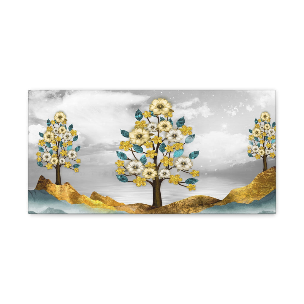 Floral Gold Tree Canvas Wall Art — Teal & Grey Stretched Matte Canvas