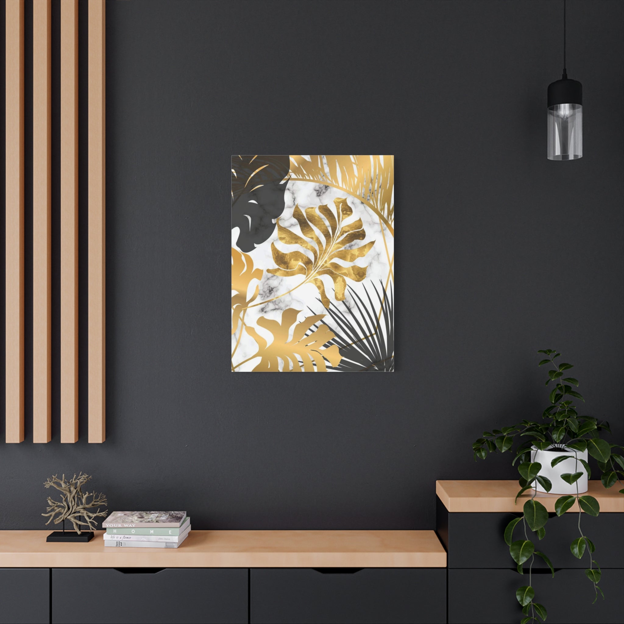 Gold & Black Tropical Leaves Canvas Wall Art — Modern Marble Botanical Print 