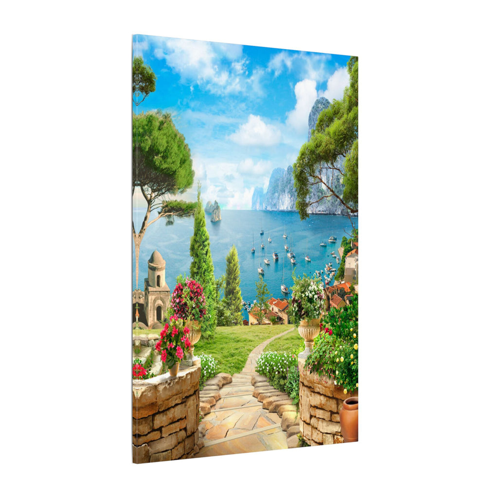 Canvas Wall Art - Mediterranean Seaside Pathway Painting (Matte Stretched Canvas)