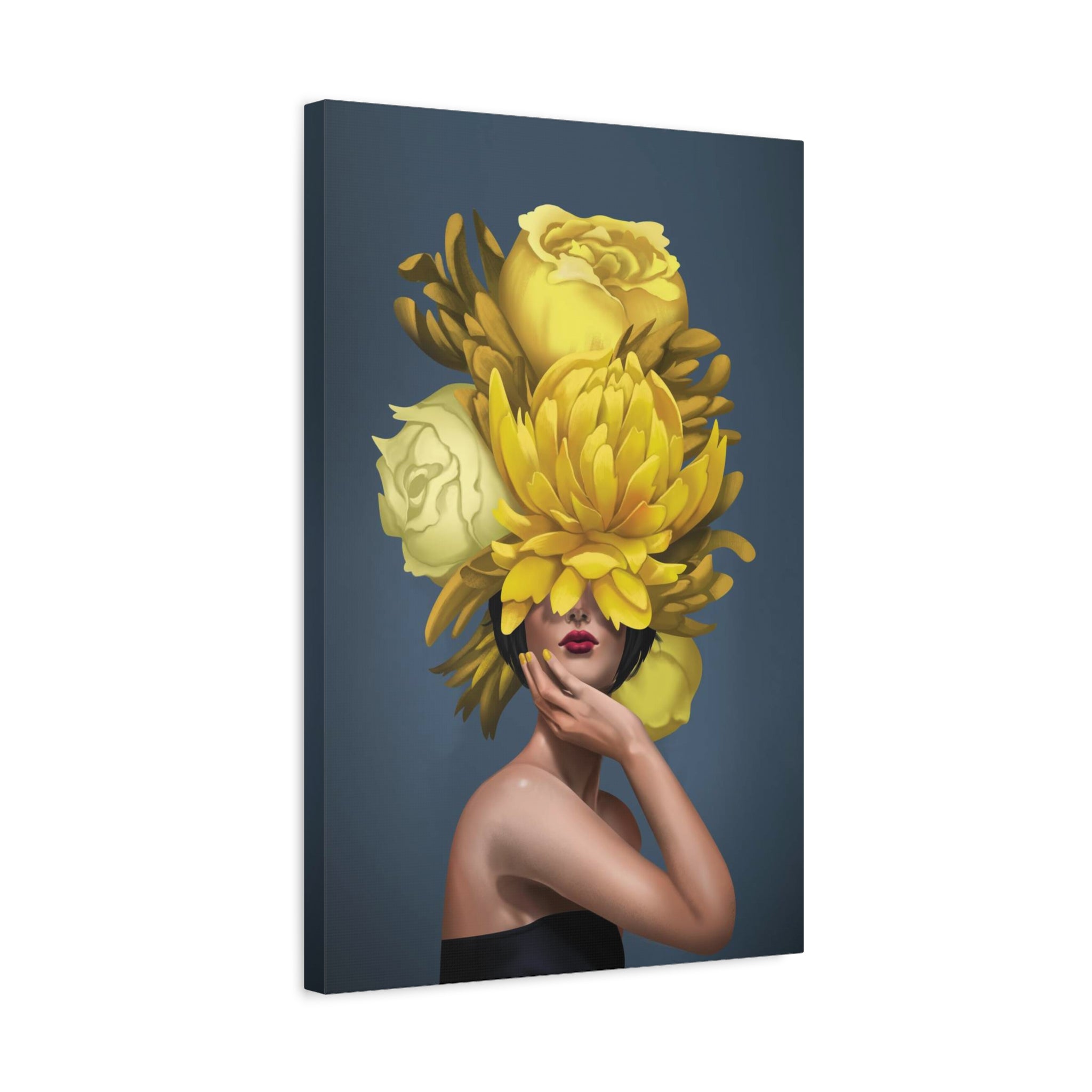 Yellow Floral Femme Canvas Wall Art — Modern Portrait with Giant Flowers 