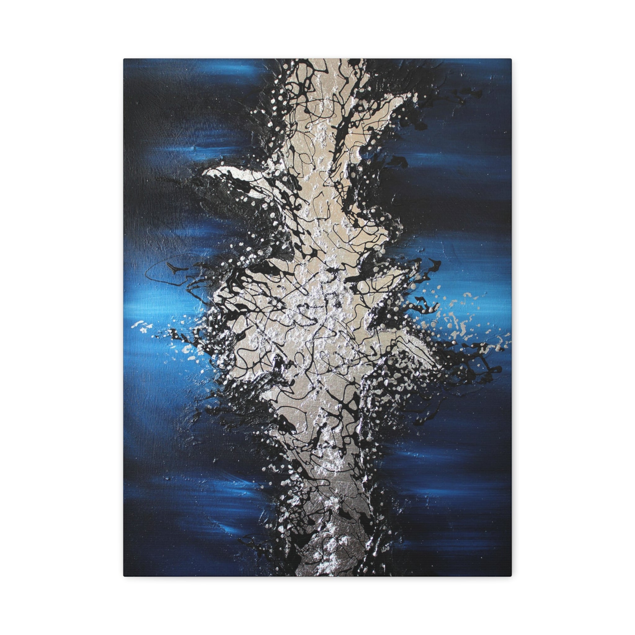 Abstract Oceanic Burst Canvas Print — Blue & Silver Matte Stretched Wall Art 