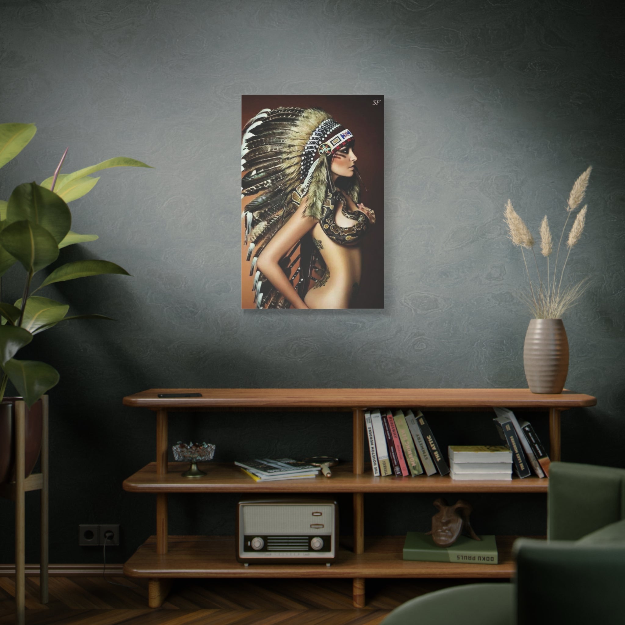 Bohemian Headdress Canvas Print — Native-Inspired Woman with Snake Wall Art