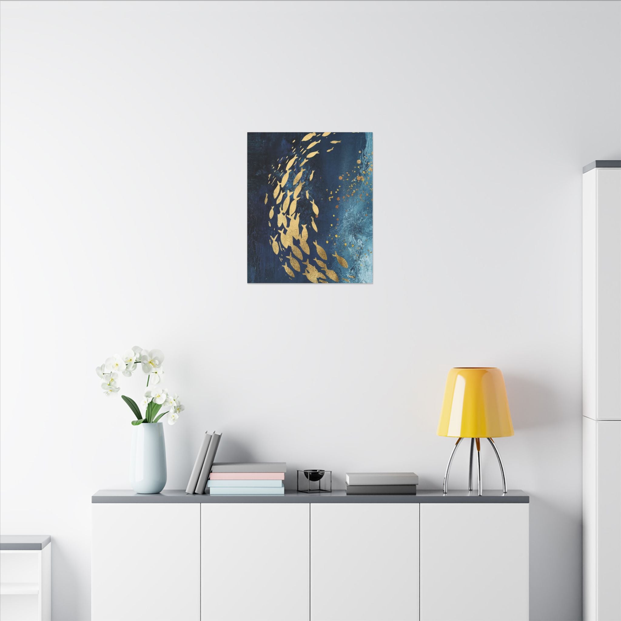 Abstract Gold Fish Canvas — Navy Ocean Wall Art (Matte Stretched)
