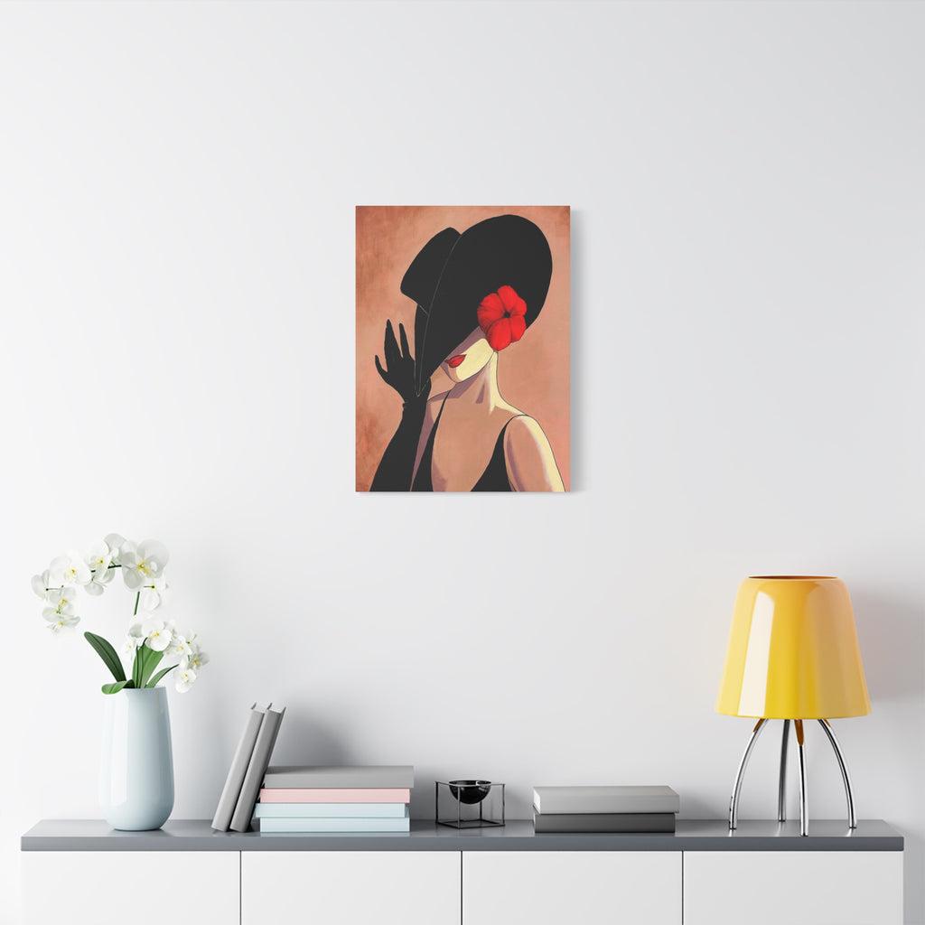 Elegant Lady with Black Hat Canvas Art — Red Flower Portrait 