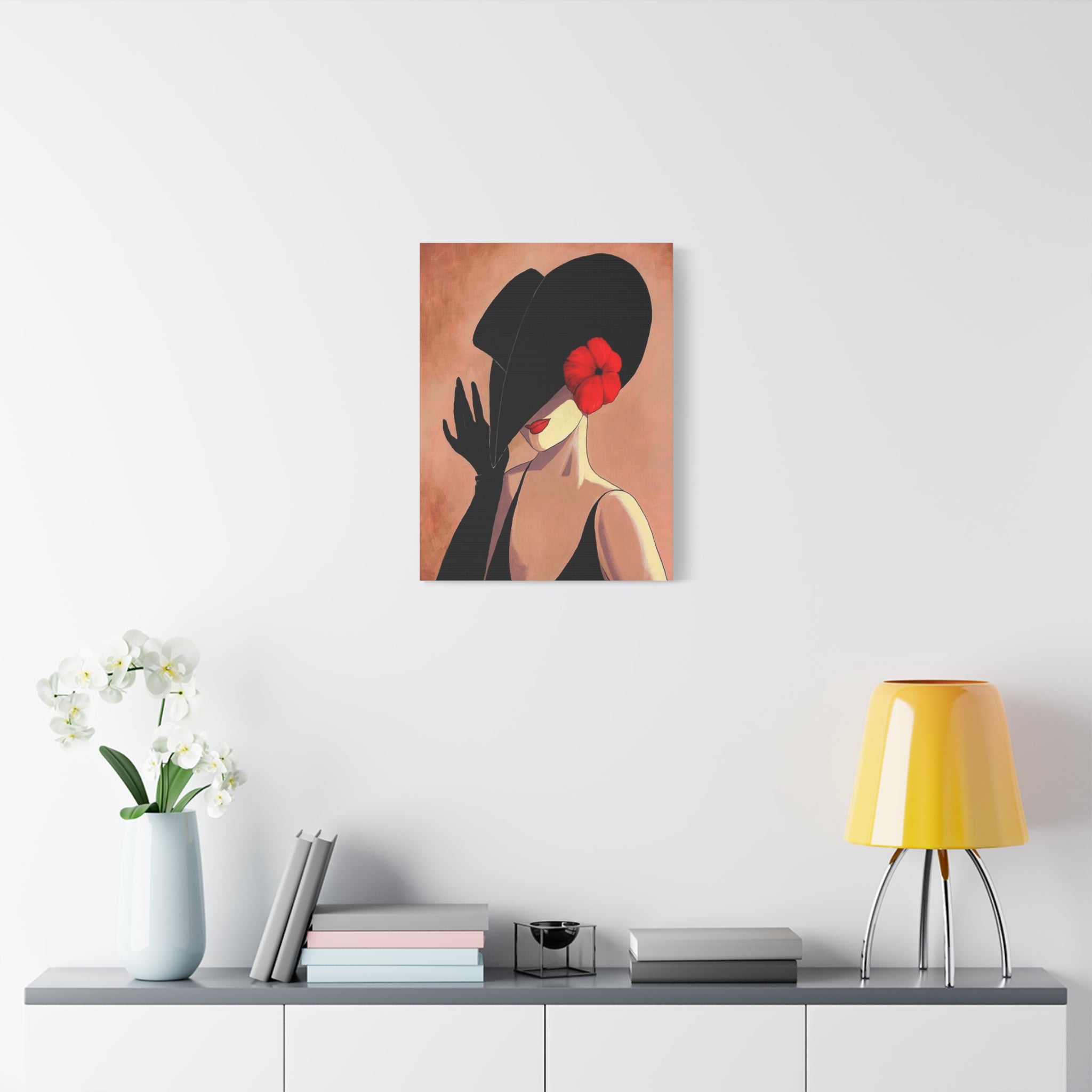 Elegant Lady with Black Hat Canvas Art — Red Flower Portrait 