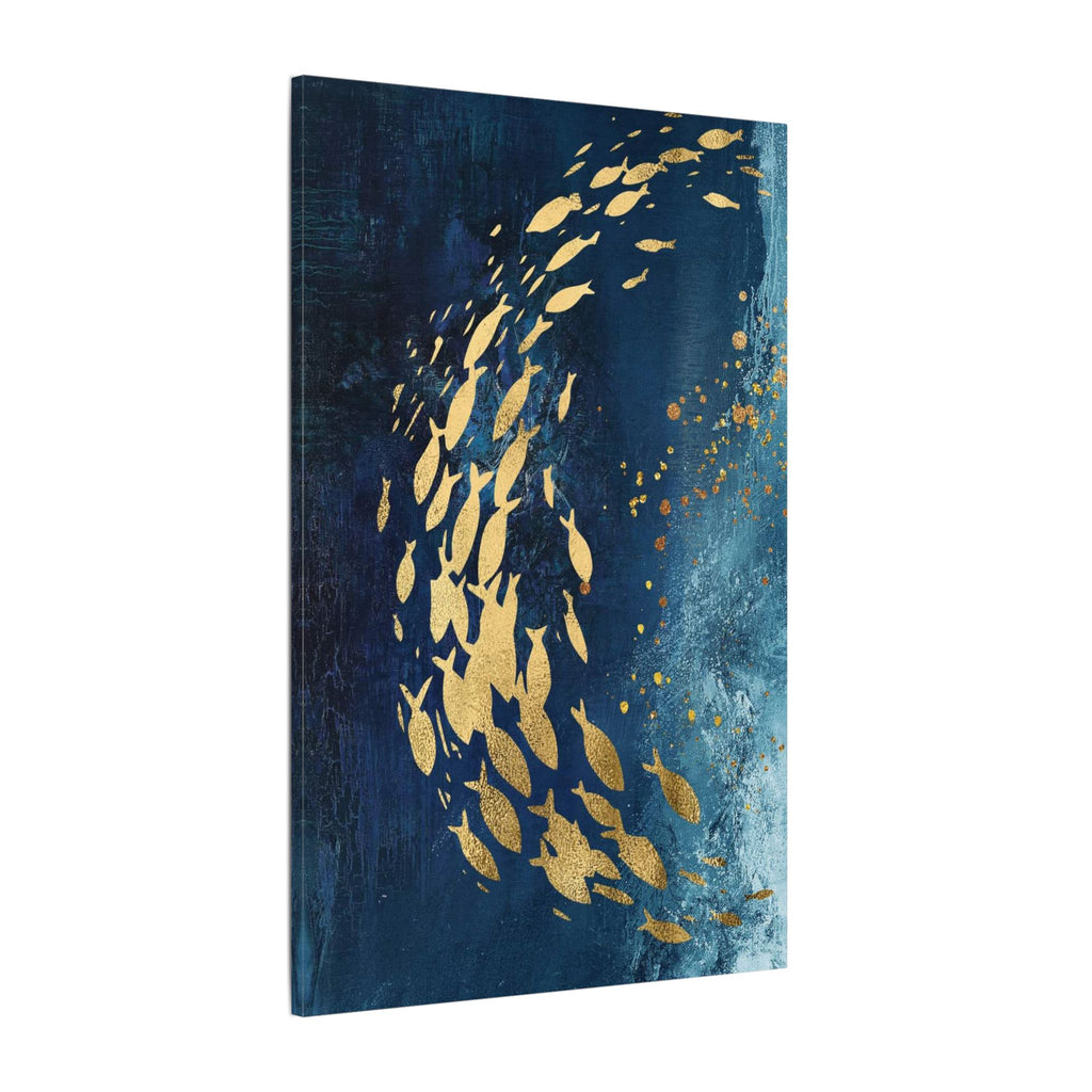 Abstract Gold Fish Canvas — Navy Ocean Wall Art (Matte Stretched)
