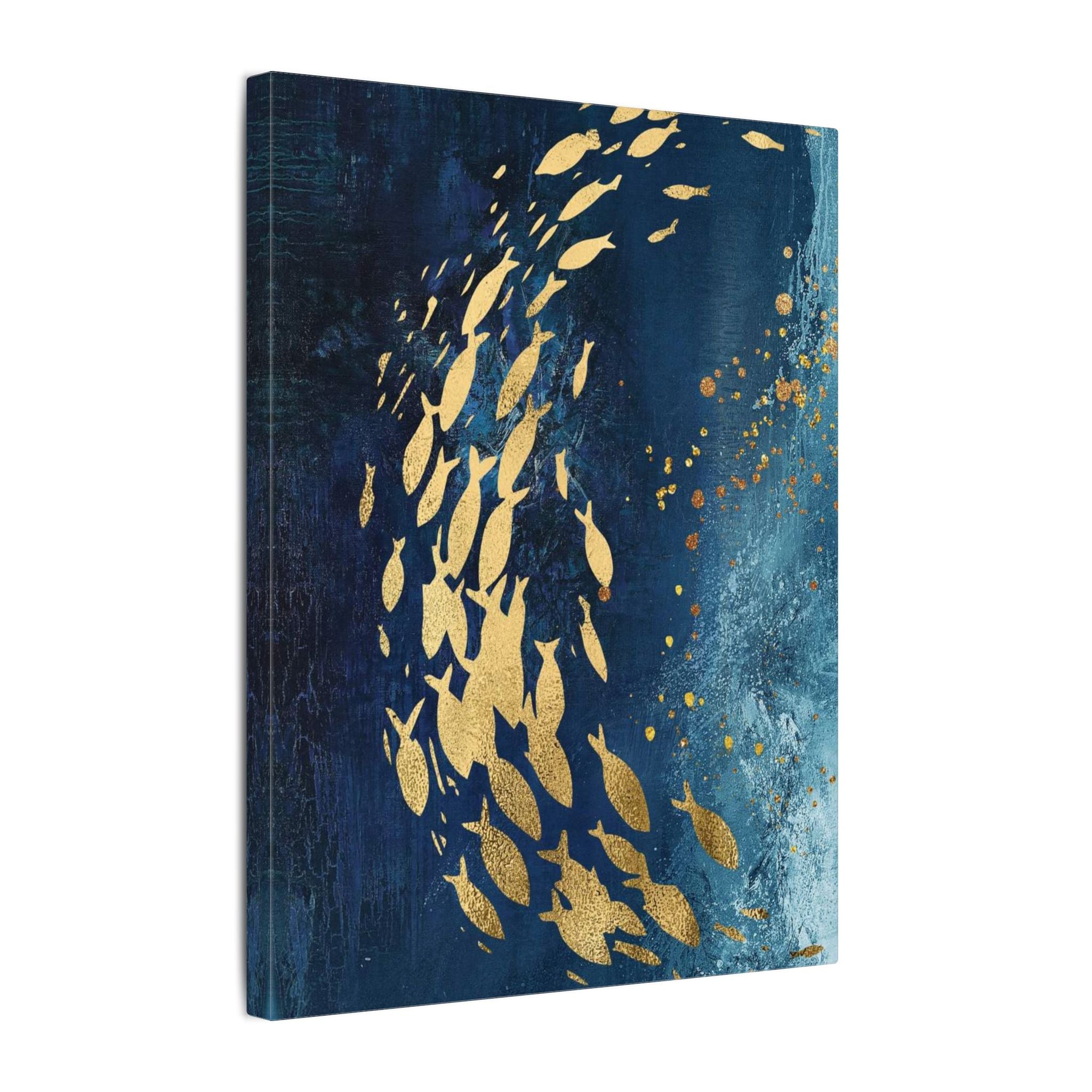 Abstract Gold Fish Canvas — Navy Ocean Wall Art (Matte Stretched) 