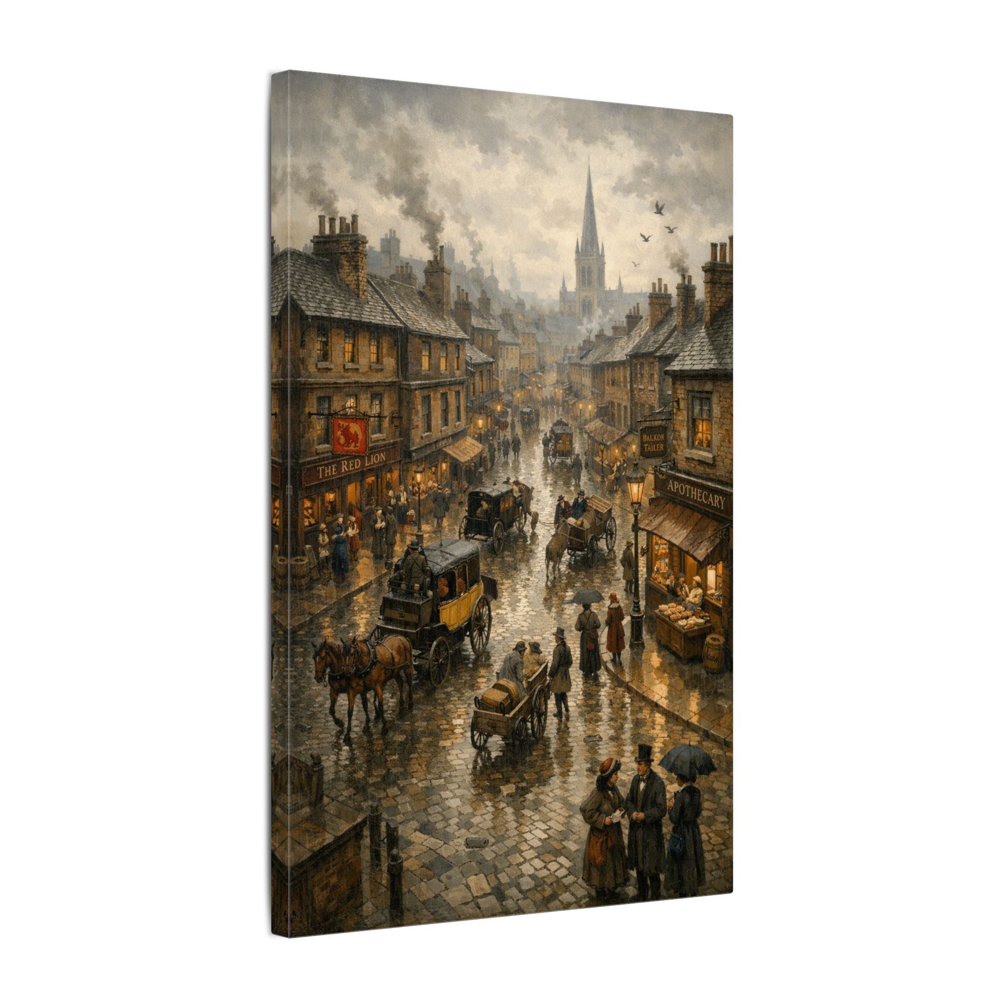 Victorian Street Scene Matte Canvas Wall Art — Vintage Rainy Cityscape 