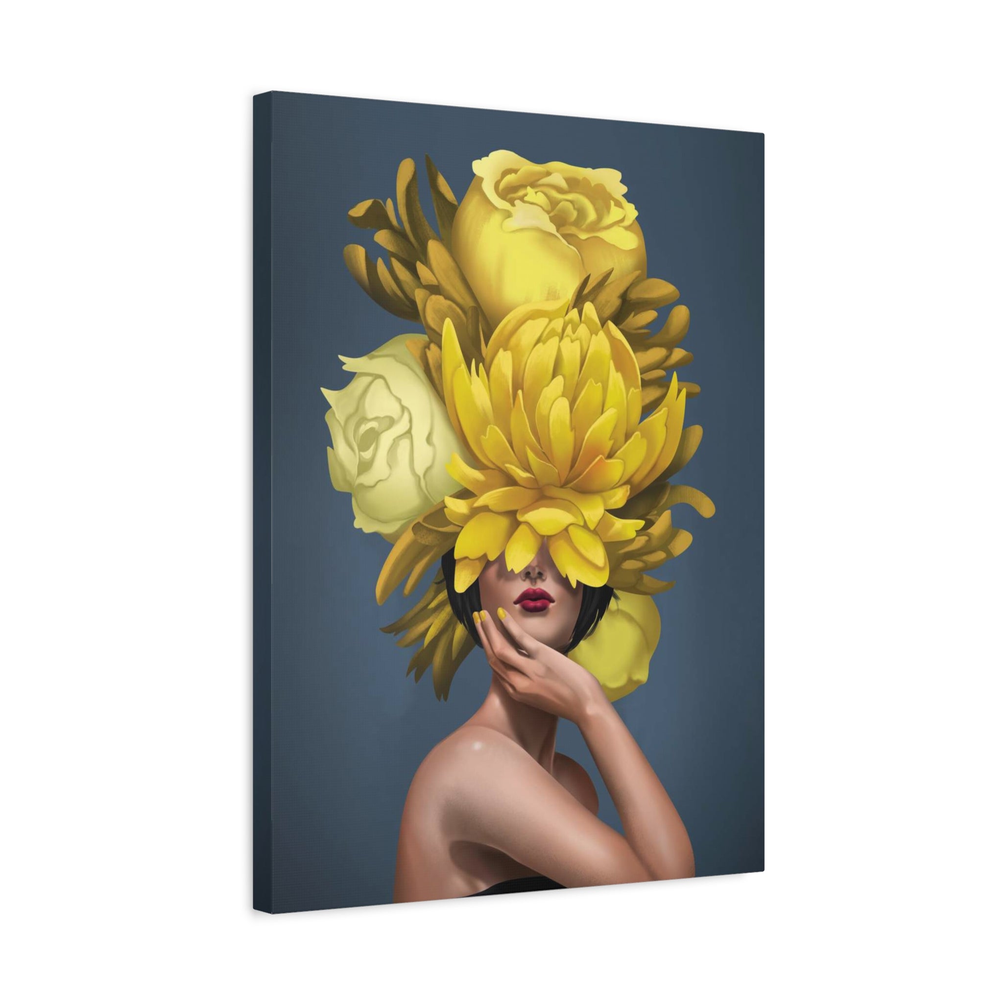 Yellow Floral Femme Canvas Wall Art — Modern Portrait with Giant Flowers 