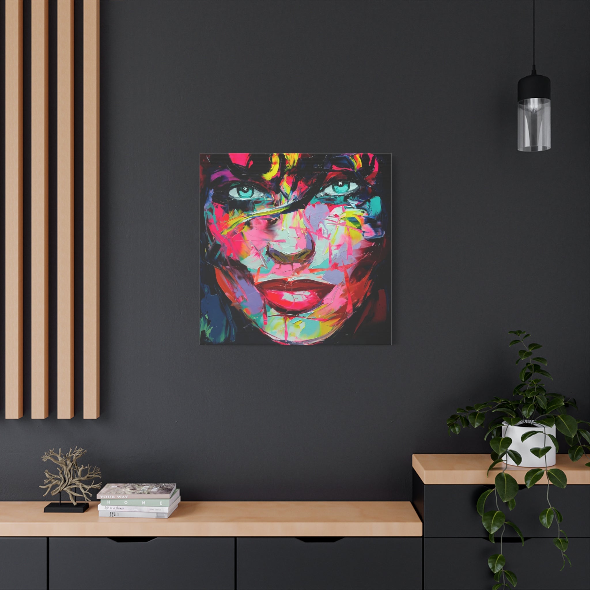Colorful Abstract Portrait Canvas Print — Neon Female Face Matte Stretched Wall Art