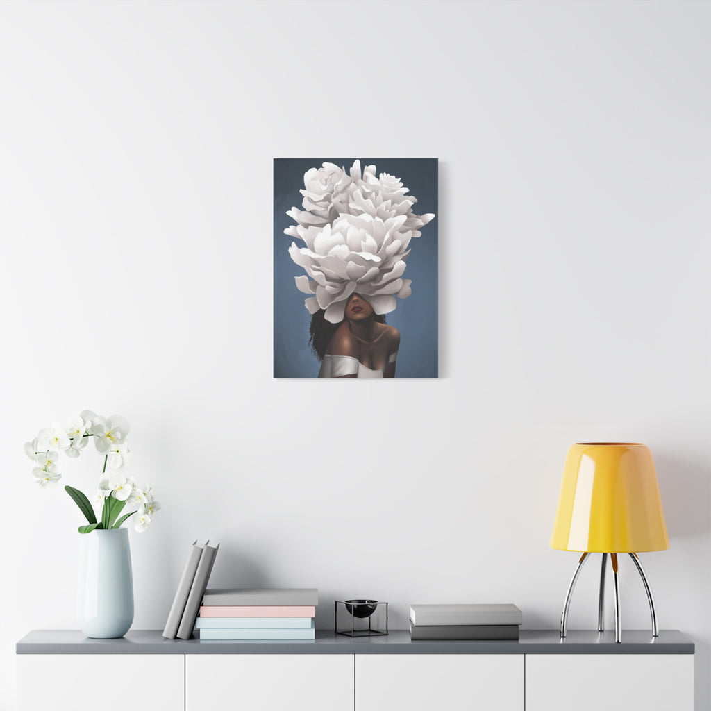 Floral Veil Canvas Wall Art — Elegant Woman with Oversized White Peony 