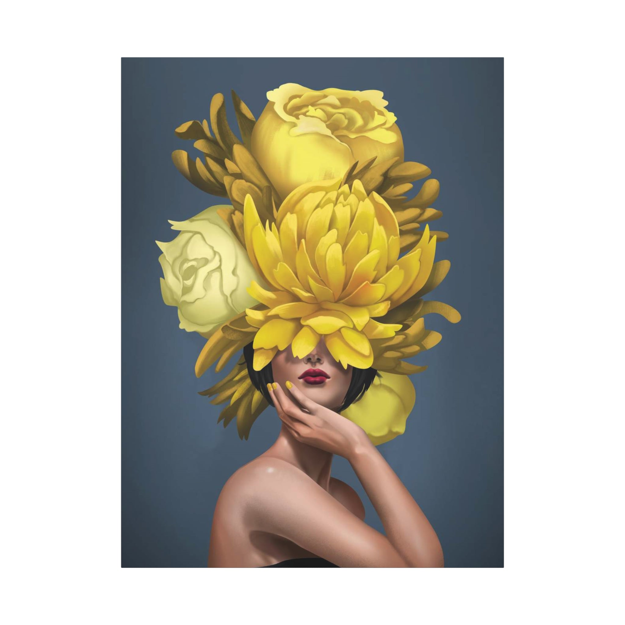 Yellow Floral Femme Canvas Wall Art — Modern Portrait with Giant Flowers