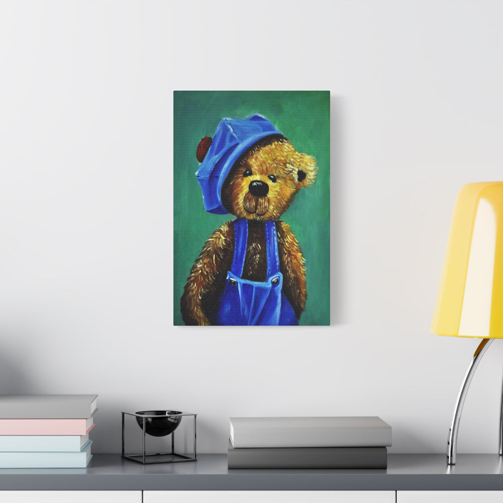 Teddy Bear Canvas Print — Cute Blue Overalls Nursery Wall Art 