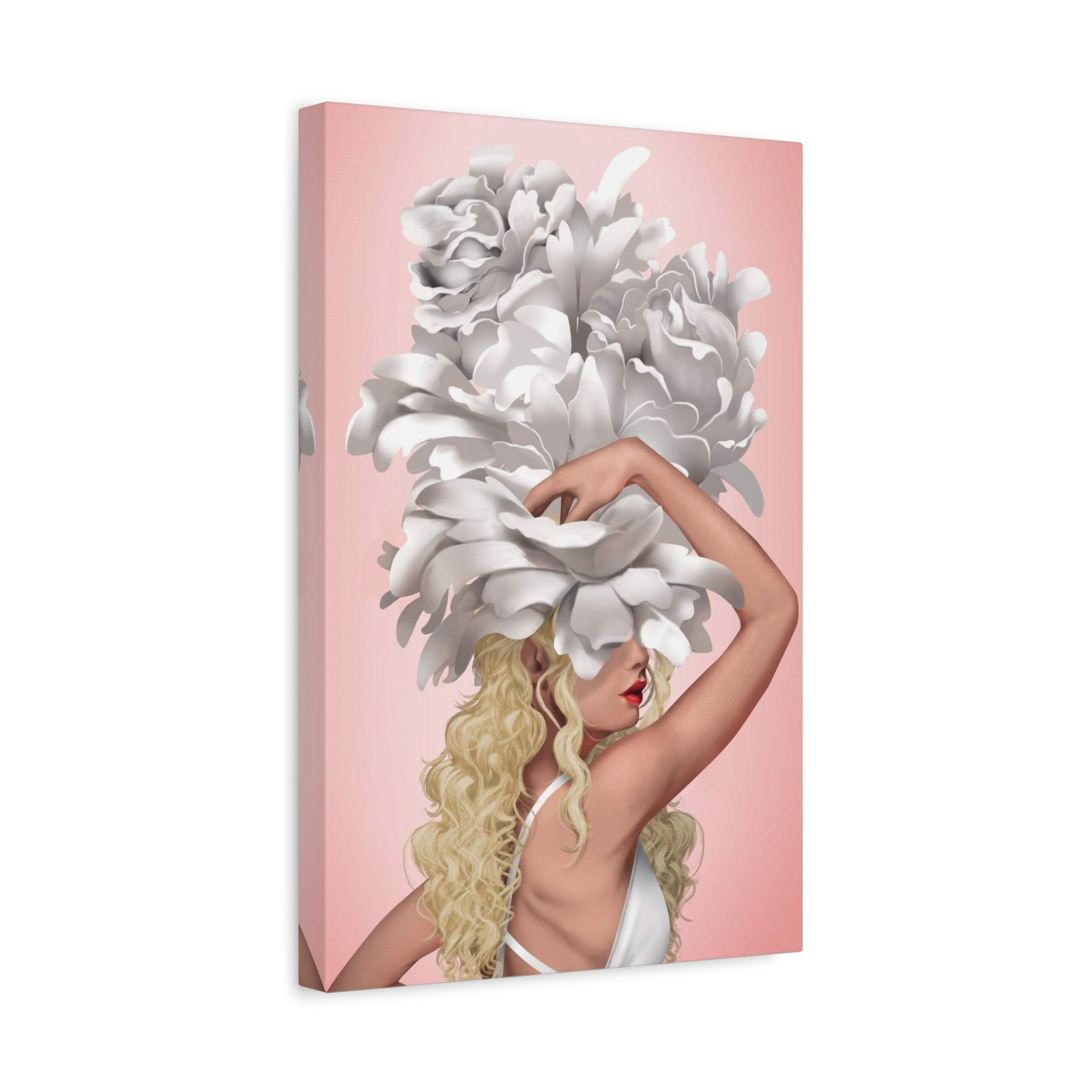 Blushing Muse Floral Canvas Print — Woman with Oversized White Peony Hat 
