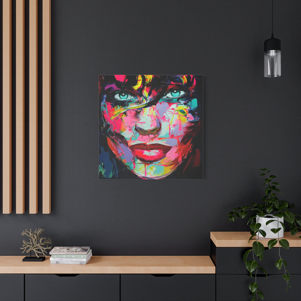 Colorful Abstract Portrait Canvas Print — Neon Female Face Matte Stretched Wall Art