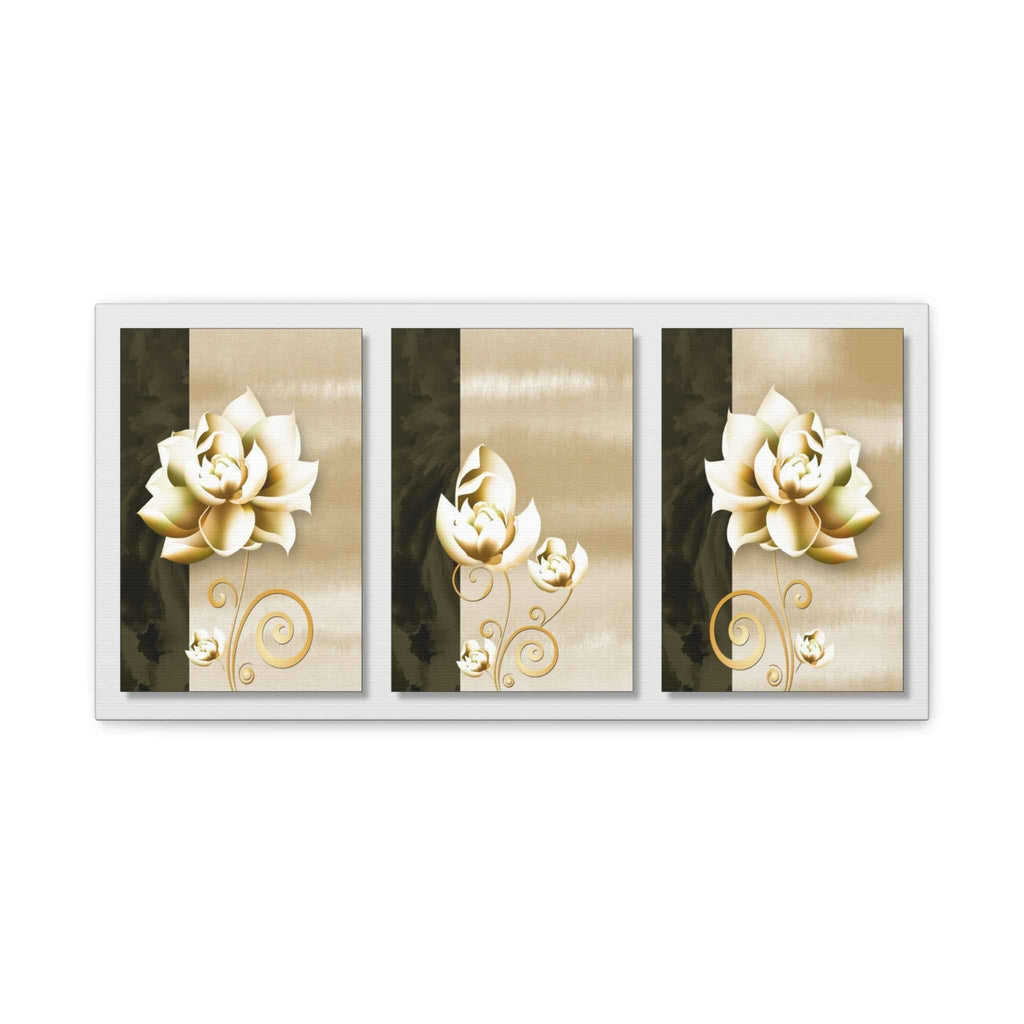 Gold Floral Triptych Canvas Wall Art – Luxury Flower Wall Decor