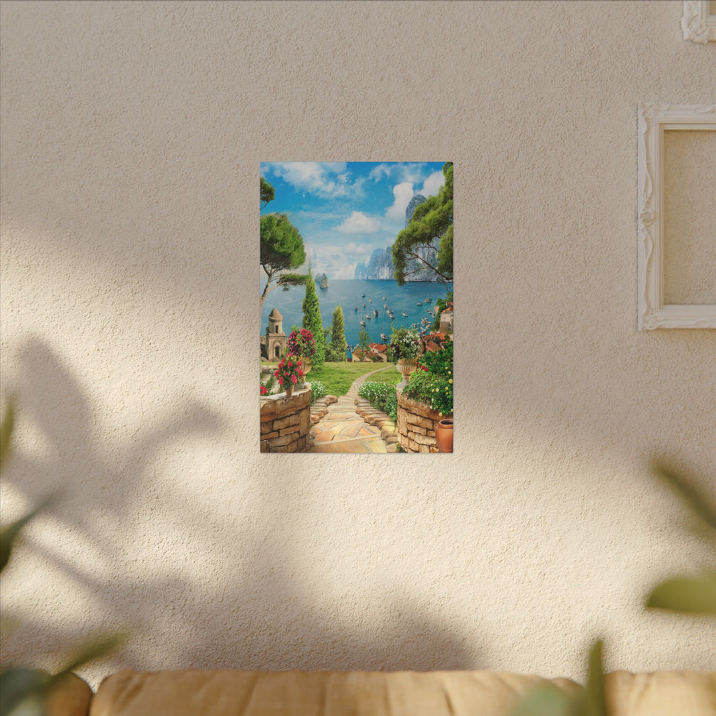 Canvas Wall Art - Mediterranean Seaside Pathway Painting (Matte Stretched Canvas)