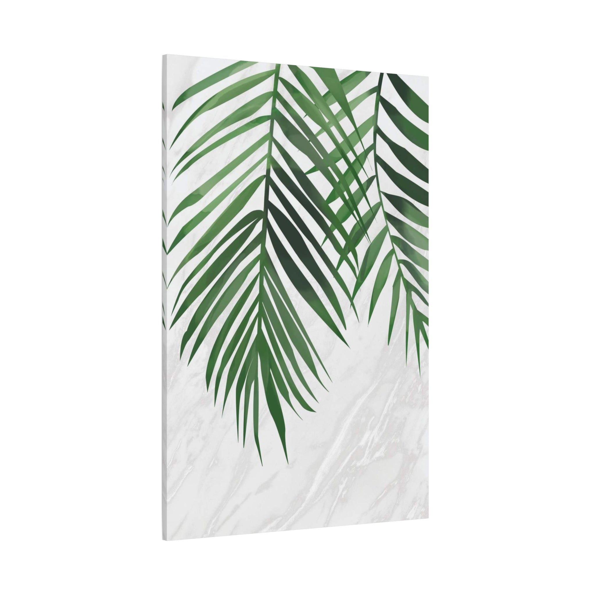 Tropical Palm Leaf Canvas Wall Art — Green Palm Fronds on Marble Matte Canvas 