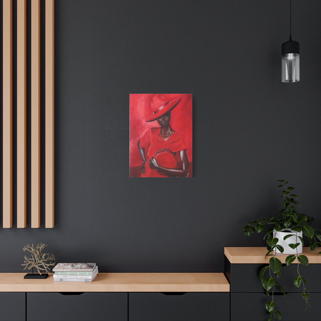 Elegant Red Hat Lady Canvas Print — Fashion Portrait Matte Stretched Wall Art 