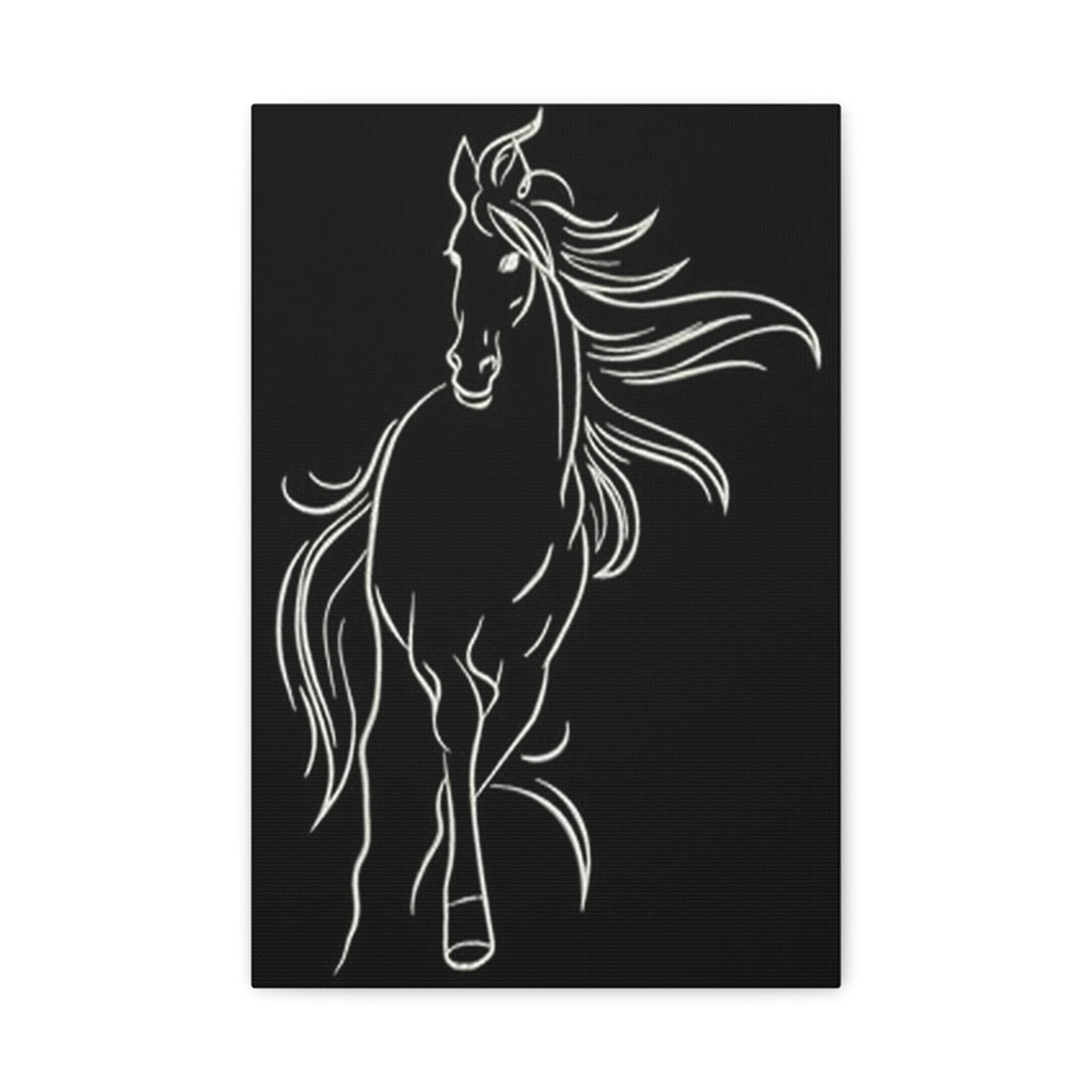Black Minimalist Horse Canvas - White Line Art Matte Stretched Wall Art 