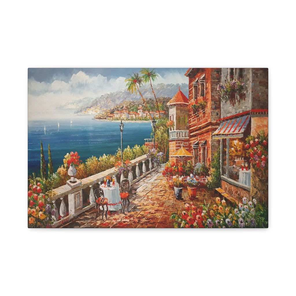 Coastal Villa Seaside Canvas Print — Mediterranean Terrace Wall Art, Matte Stretched 1.25" 