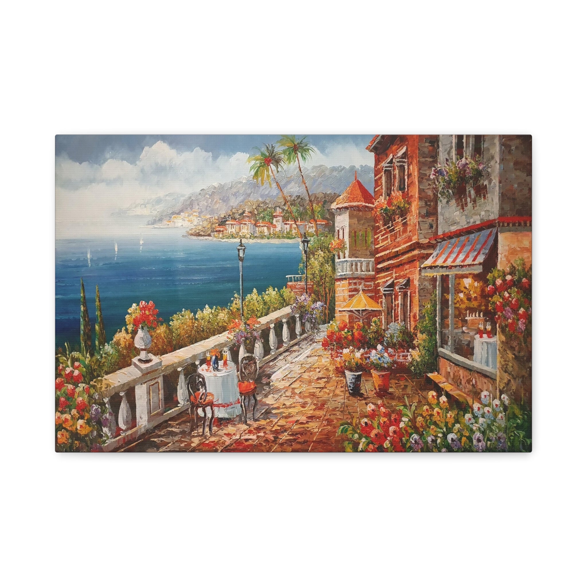 Coastal Villa Seaside Canvas Print — Mediterranean Terrace Wall Art, Matte Stretched 1.25" 
