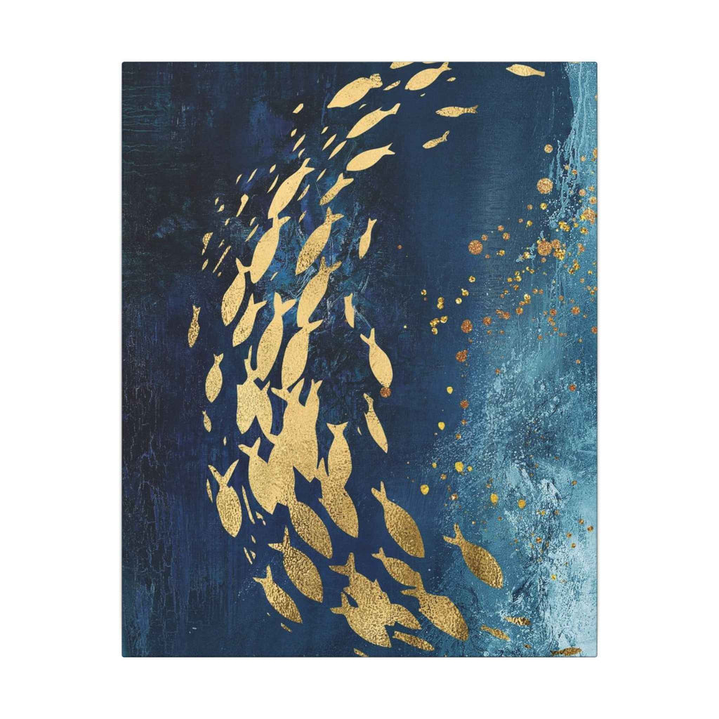 Abstract Gold Fish Wall Art - Navy Ocean Canvas Decor (Matte Stretched) - TheKaraHan