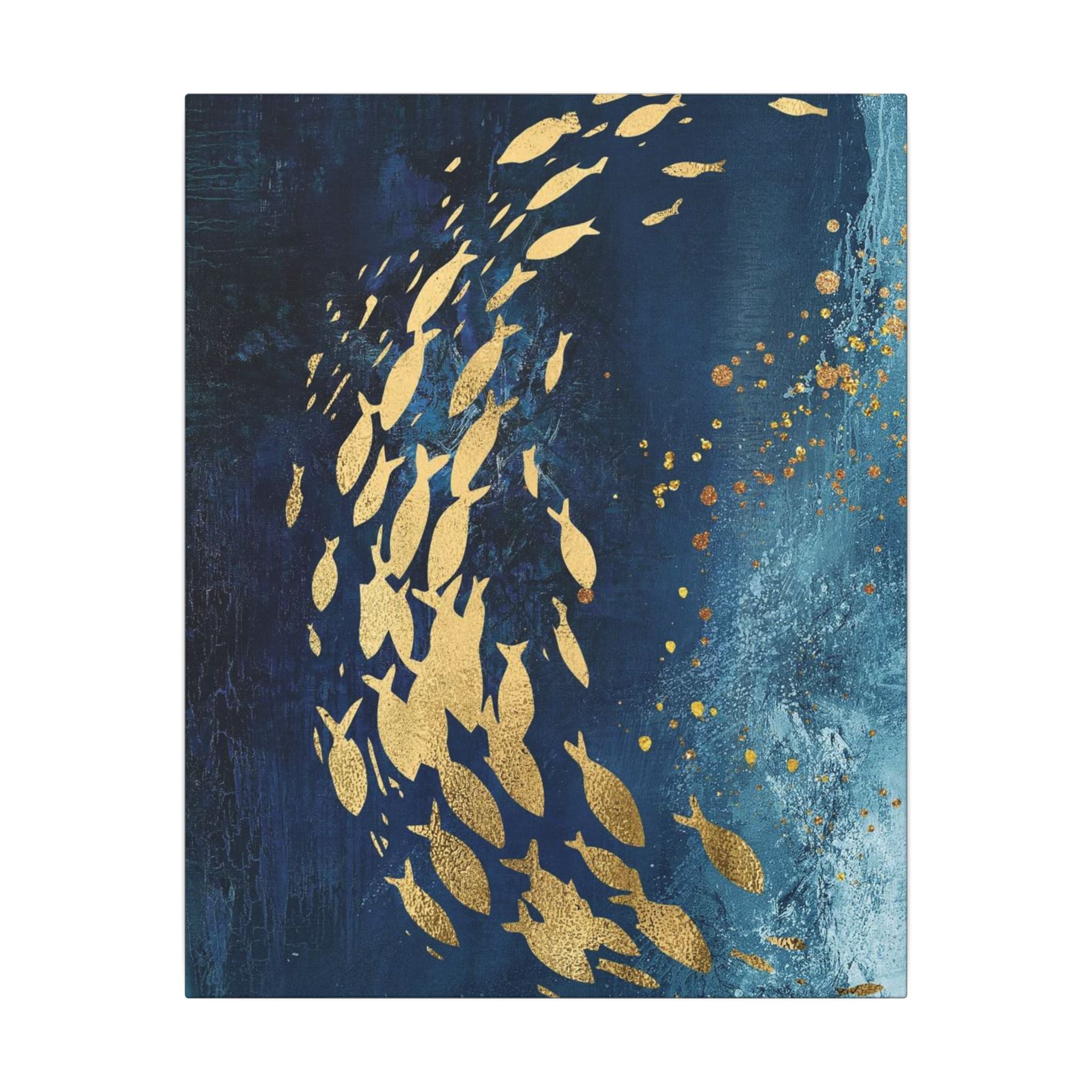 Abstract Gold Fish Canvas — Navy Ocean Wall Art (Matte Stretched) 