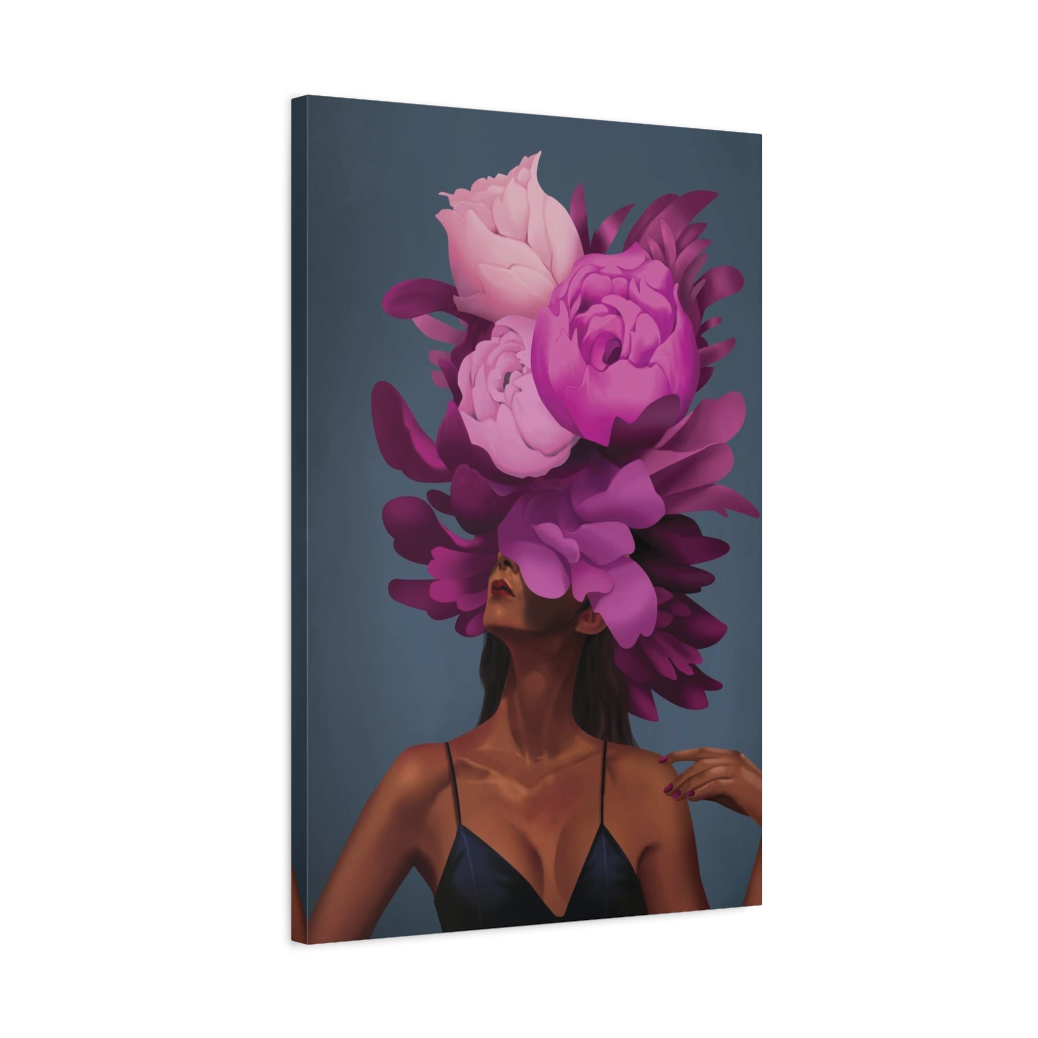 Floral Portrait Canvas Print — Woman with Oversized Pink Peony Hat (Matte Stretched) 