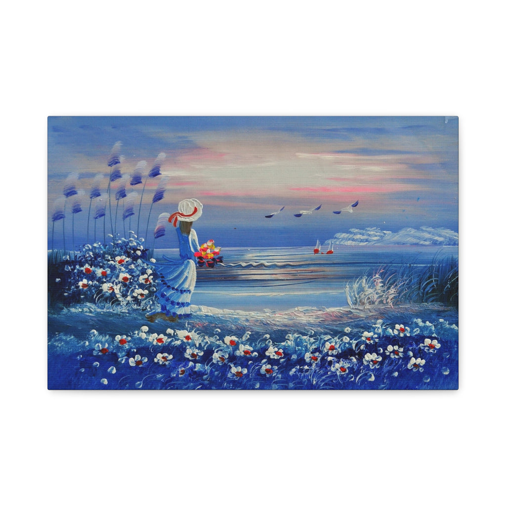 Seaside Evening Canvas Art – Woman with Flowers Coastal Wall Decor 