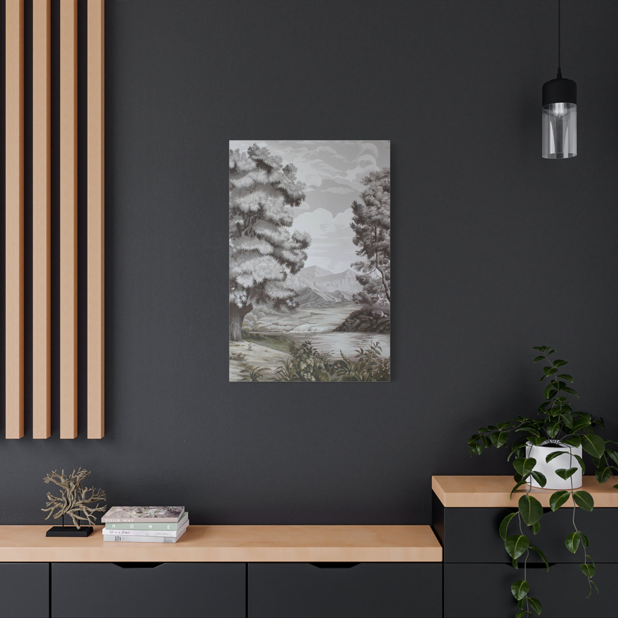 Vintage Monochrome Landscape Canvas Print — Stretched Matte Wall Art 