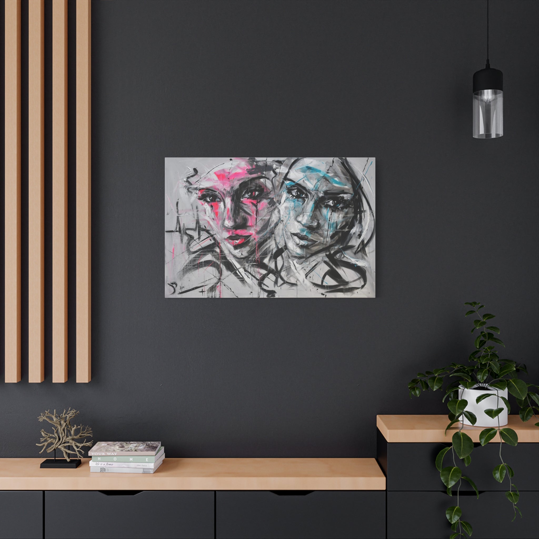 Abstract Duo Faces Matte Canvas Print — Contemporary Pink & Teal Portrait Wall Art 