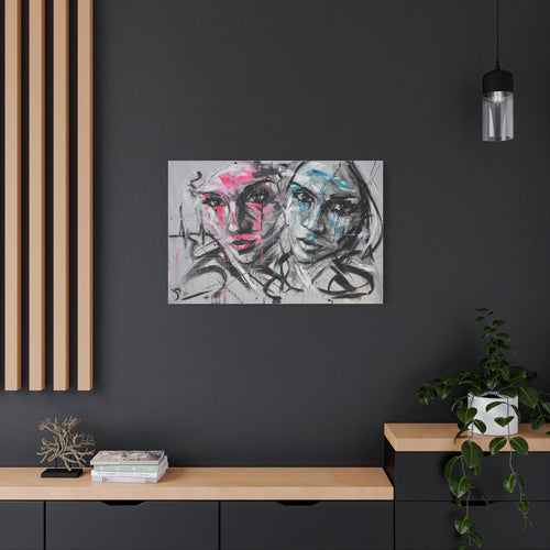 Abstract Duo Faces Matte Canvas Print — Contemporary Pink & Teal Portrait Wall Art