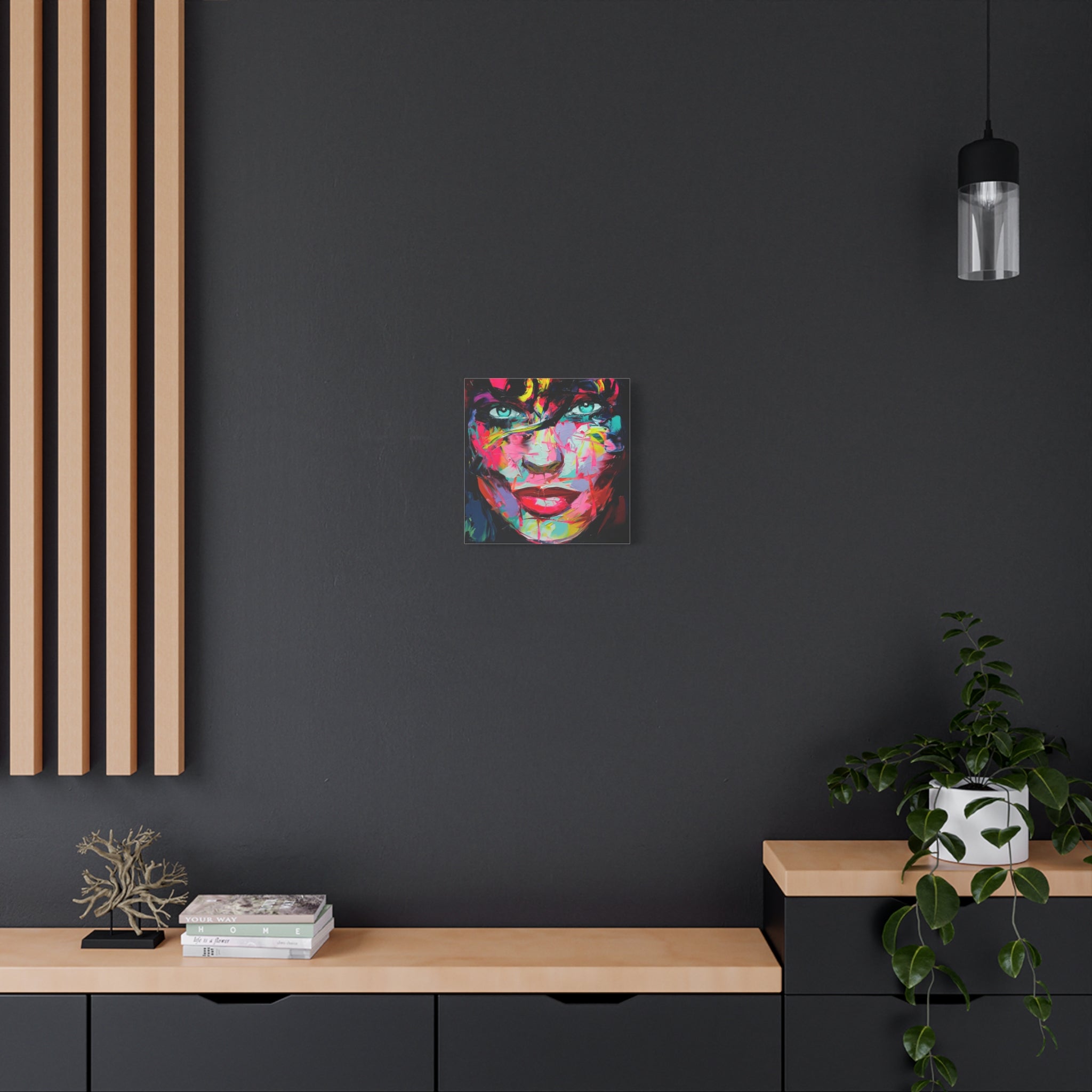 Colorful Abstract Portrait Canvas Print — Neon Female Face Matte Stretched Wall Art