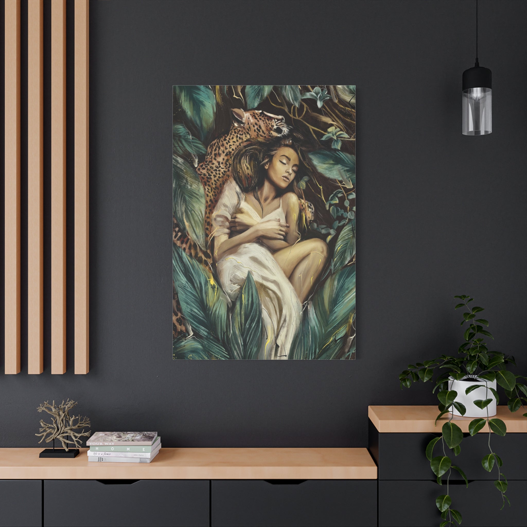 Jungle Dream Matte Canvas—a Woman with Leopard Art Print (Stretched)