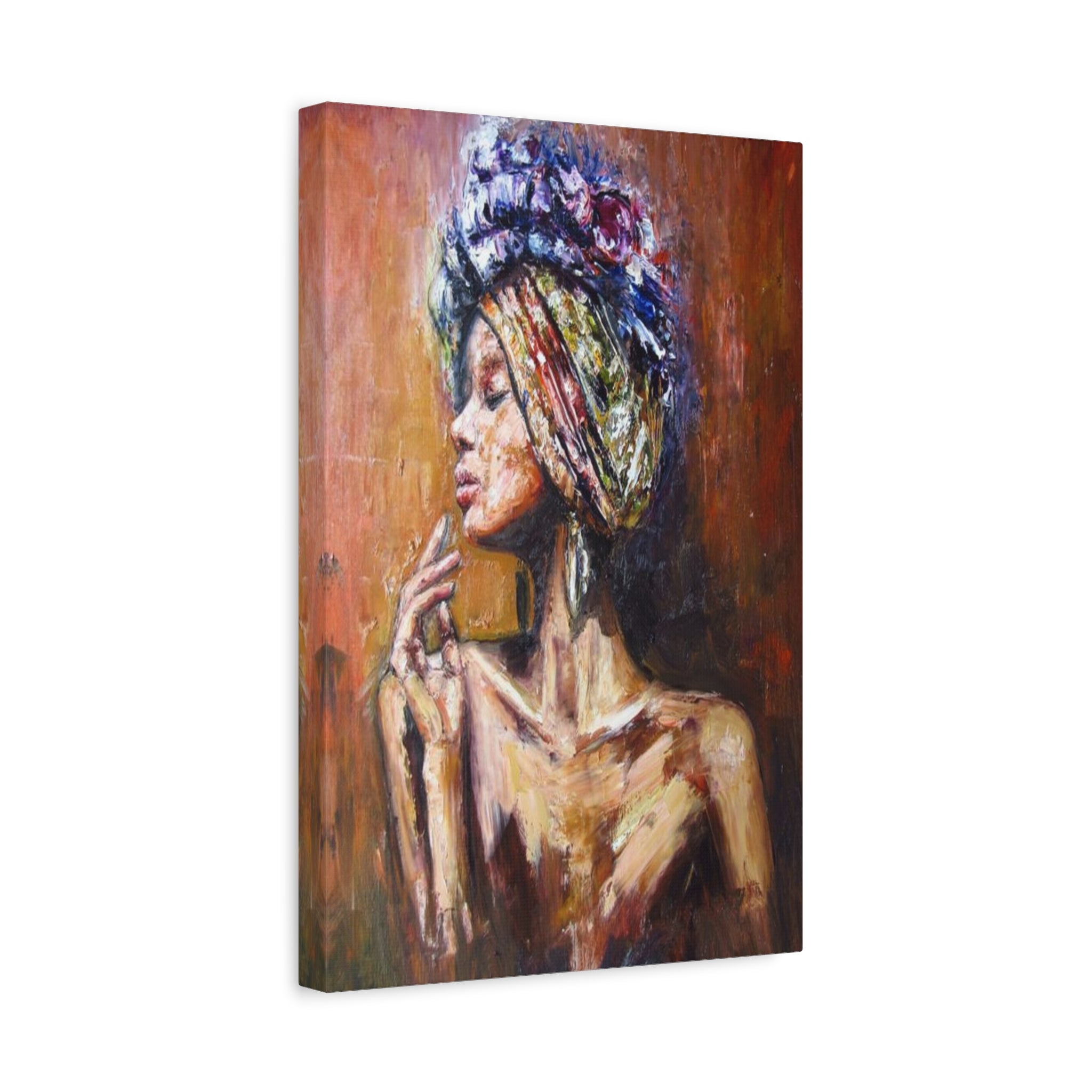 African Queen Portrait Matte Canvas Print — Colorful Textured Headwrap Wall Art
