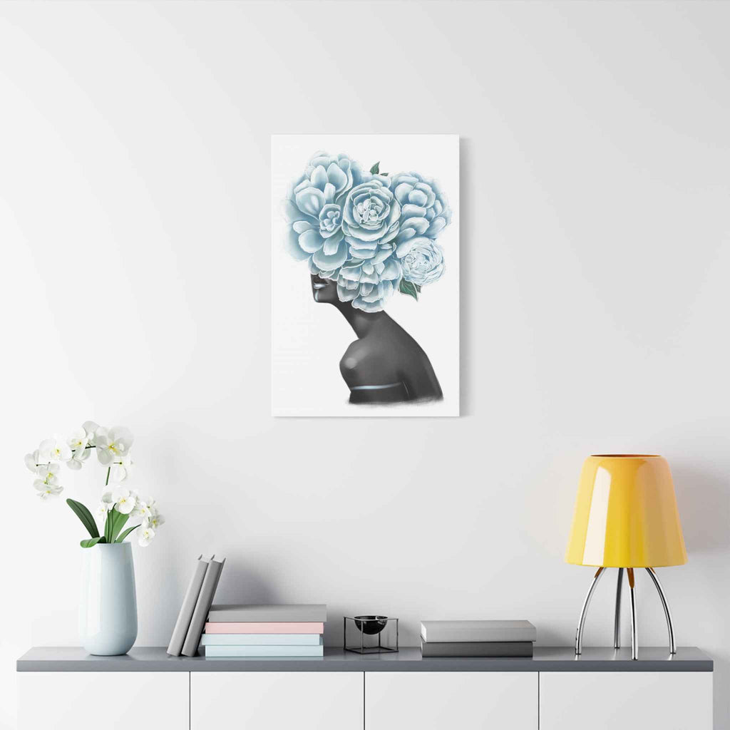Blue Floral Woman Canvas Wall Art – Abstract Female Portrait