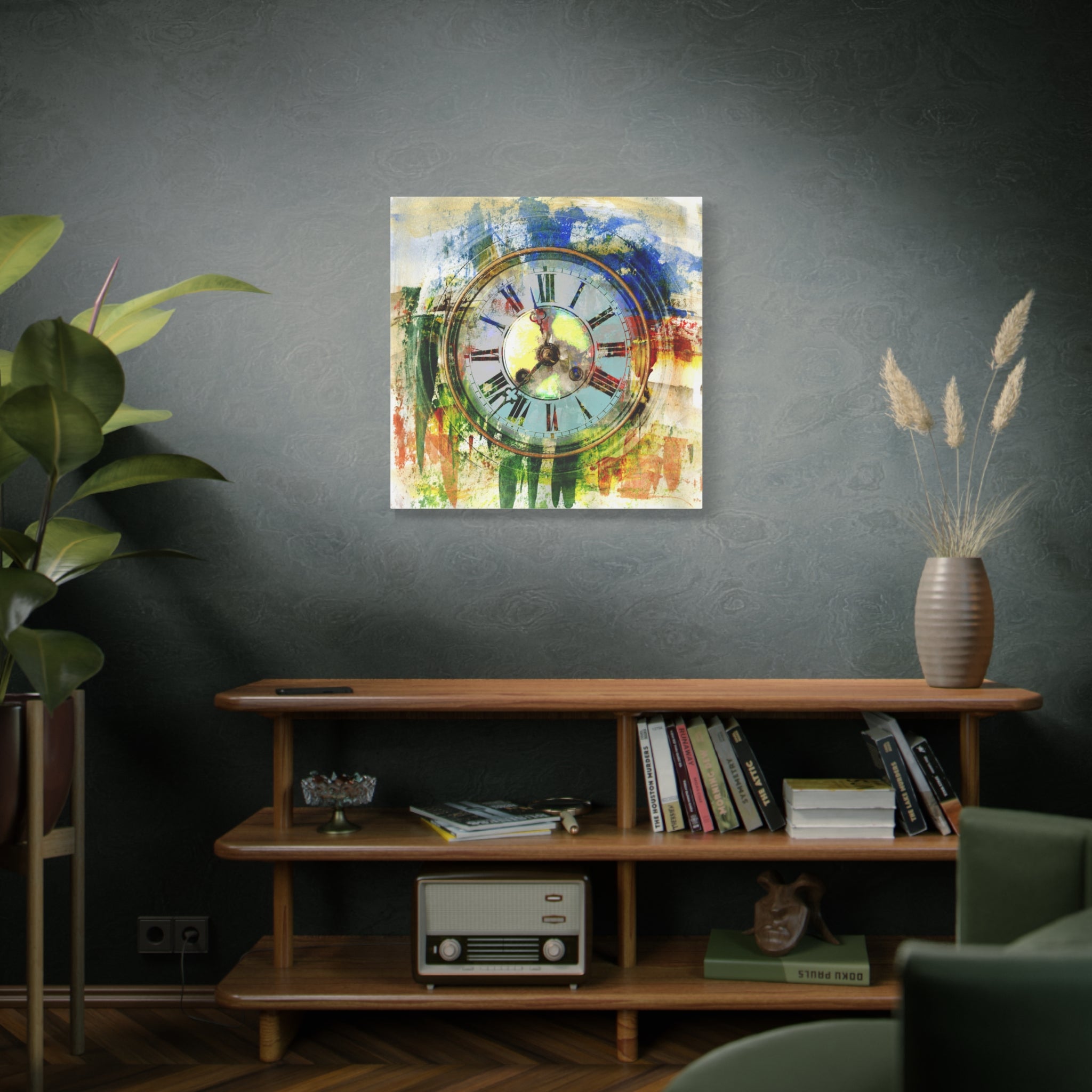Abstract Vintage Clock Matte Canvas Print — Colorful Stretched Wall Art